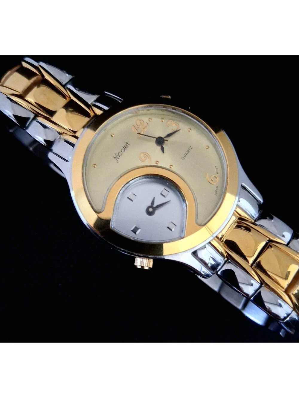 RARE Vintage Nicolet NC1070 Two Tone Dual Time Quartz Men's Swiss Watch